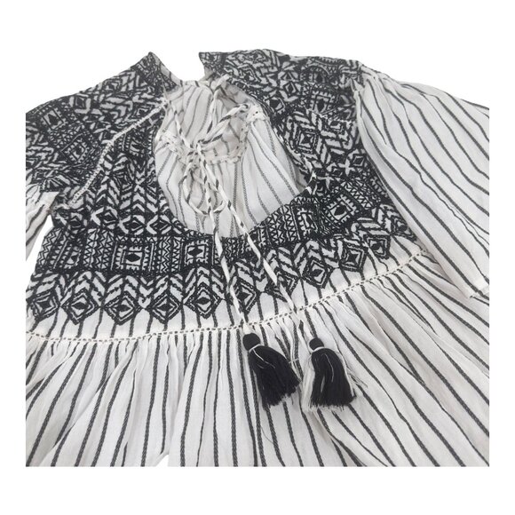 Free People XS Black/White Embroidered Boho Stripe Mini Dress Tassel Tie Back - Picture 5 of 12